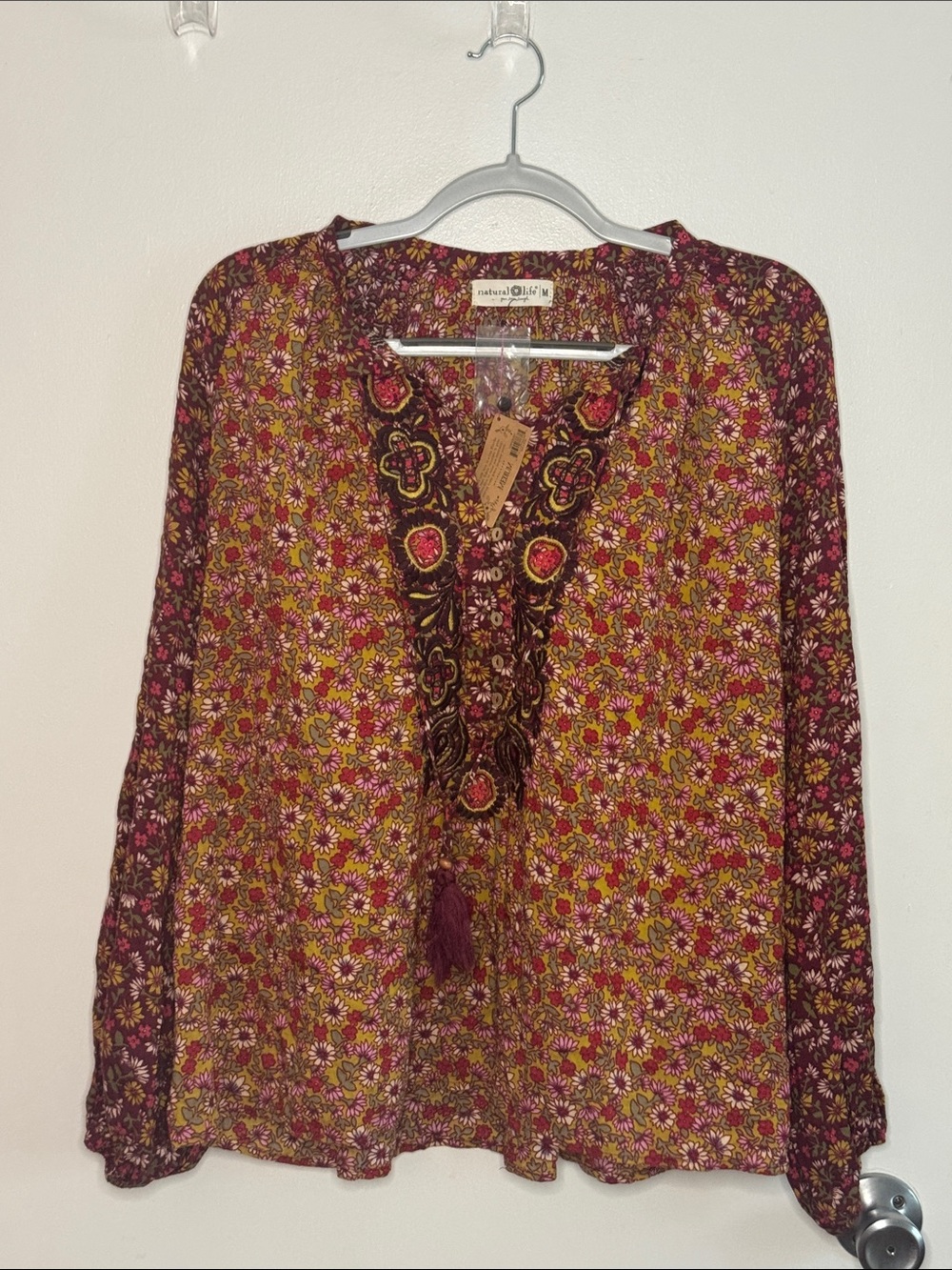 NATURAL LIFE Burgundy Multi Floral Embroidered Tunic Top